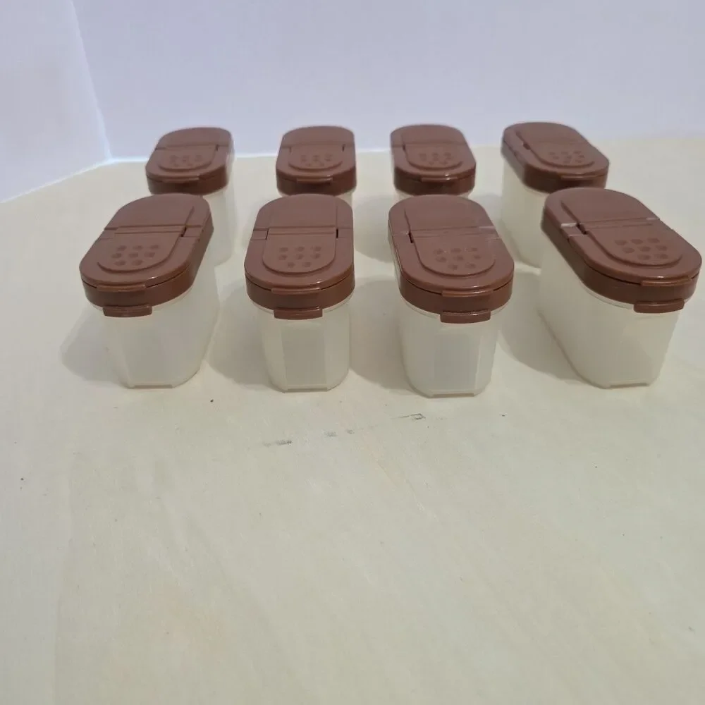 Vintage Tupperware #1843 Spice Container Shakers Brown Magnetic Lids Set of 8